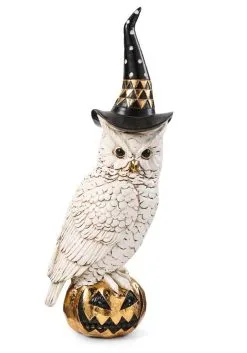 14" White & Gold Owl With Witch Hat On Gold Jack-O-Lantern