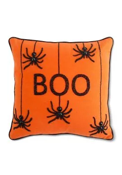 18 Inch Orange Square Beaded BOO Pillow With Spiders