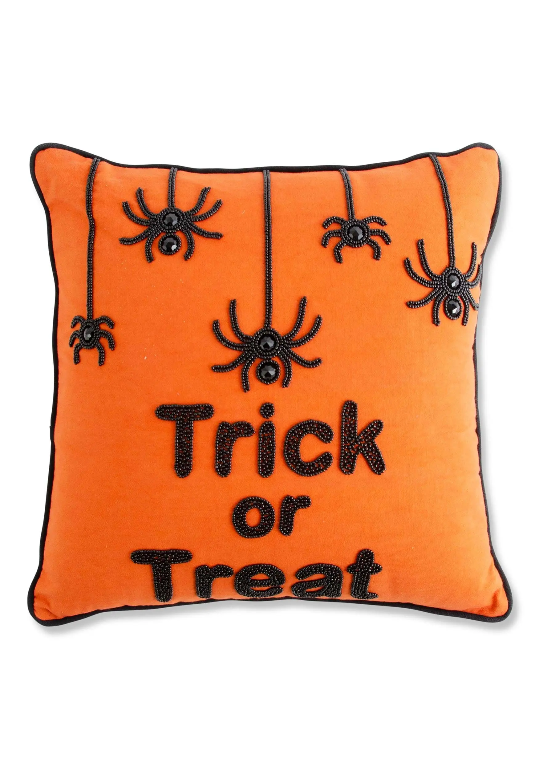 18 Inch Orange Square Beaded TRICK OR TREAT Pillow With Spiders 1 18 Inch Orange Square Beaded TRICK OR TREAT Pillow With Spiders