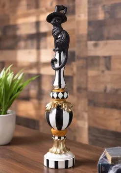24 Inch Black, White And Orange Finial Decor With Cat