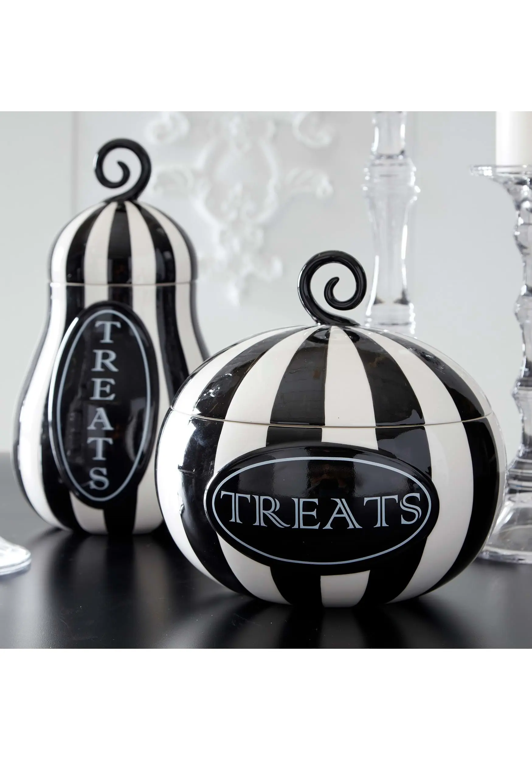 Nine Inch Black And White Striped Pumpkin Treats Container 2 Nine Inch Black And White Striped Pumpkin Treats Container - Image 2