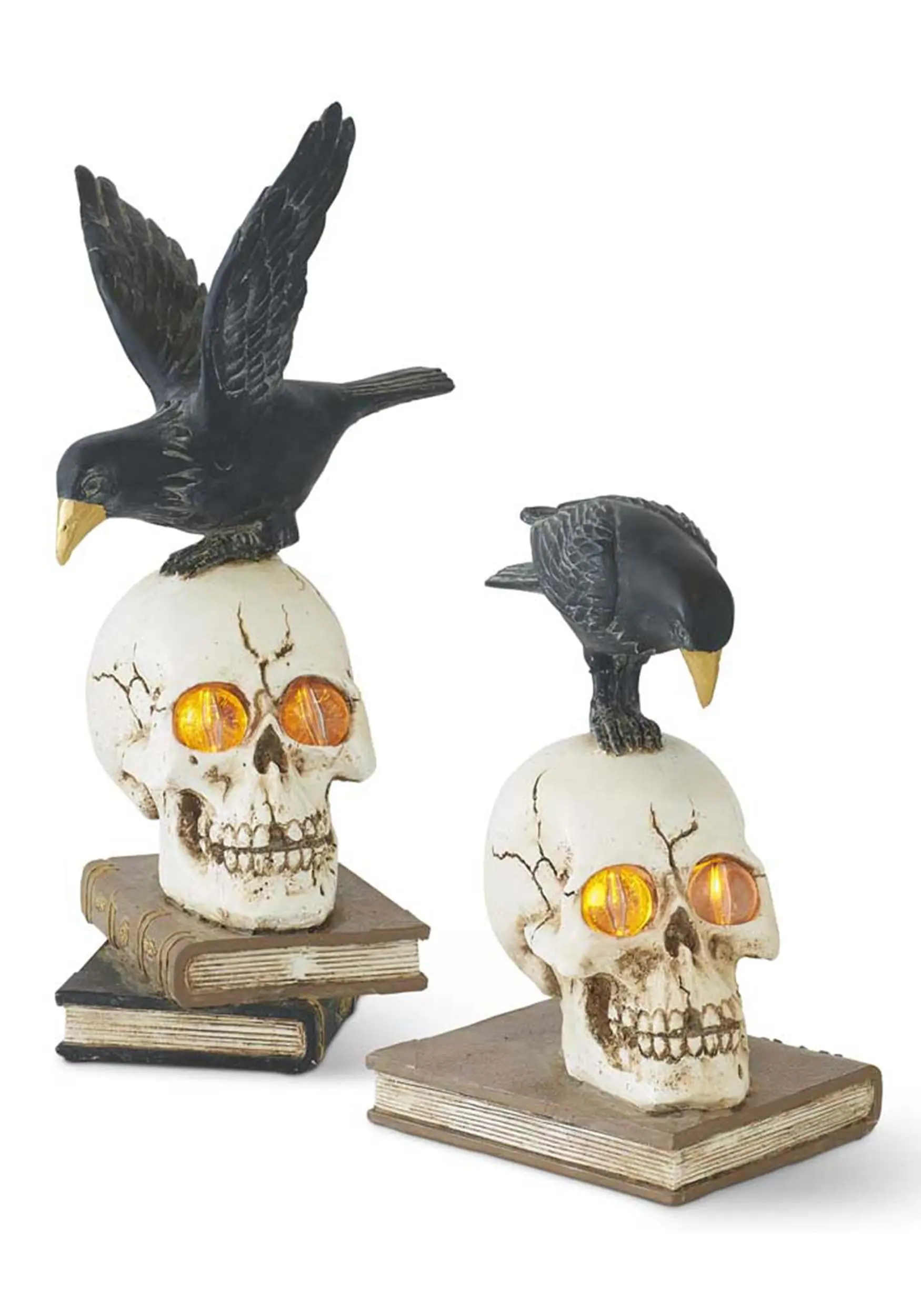 Set Of 2 Resin LED Skull On Books With Crow Halloween Figurines 1 Set Of 2 Resin LED Skull On Books With Crow Halloween Figurines