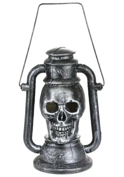 Silver Skull Lamp With 3 Color LED Light Up Eyes -halloween Shop silver skull lamp w 3color led light alt 3