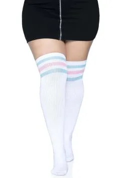 Women's Plus Size White Athletic Socks With Pink And Blue Stripes -halloween Shop womens plus white athletic socks with pink and blue alt 2